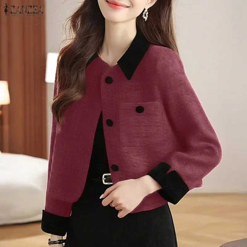 

Женские твидовые куртки в стиле французского шика с контрастным отложным воротником, длинными рукавами и застежкой на пуговицах ZANZEA 2026 Весенняя женская верхняя одежда