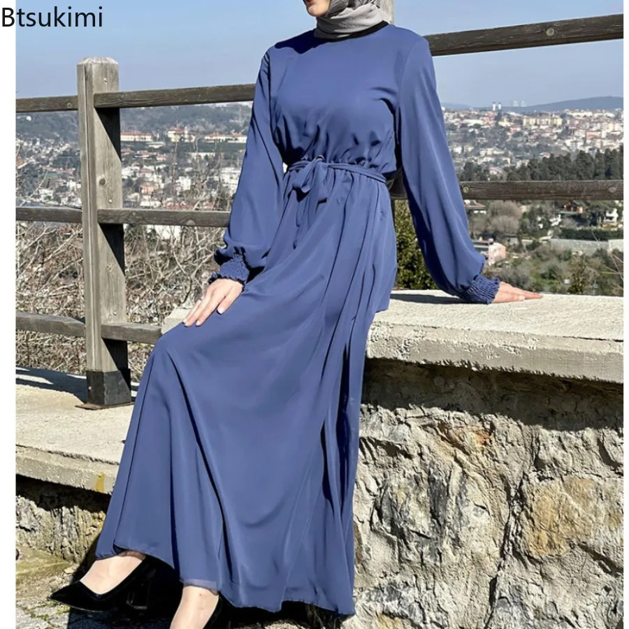 Eid Simple Modest Abaya Dubai Muslim for Women Hijab Dresses Chiffon Maxi Dress Robe Caftan Kaftan Islam Clothing Elegant Female