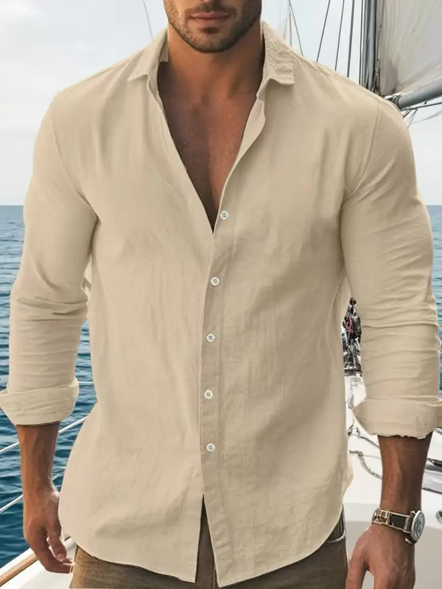 Camisa Masculina de Algodão Sólido de Manga Longa com Colarinho Clássico, Botões em Contraste Pretos, Design de Punhos Dobráveis, Camisa Slim Fit Casual Urbana de Verão