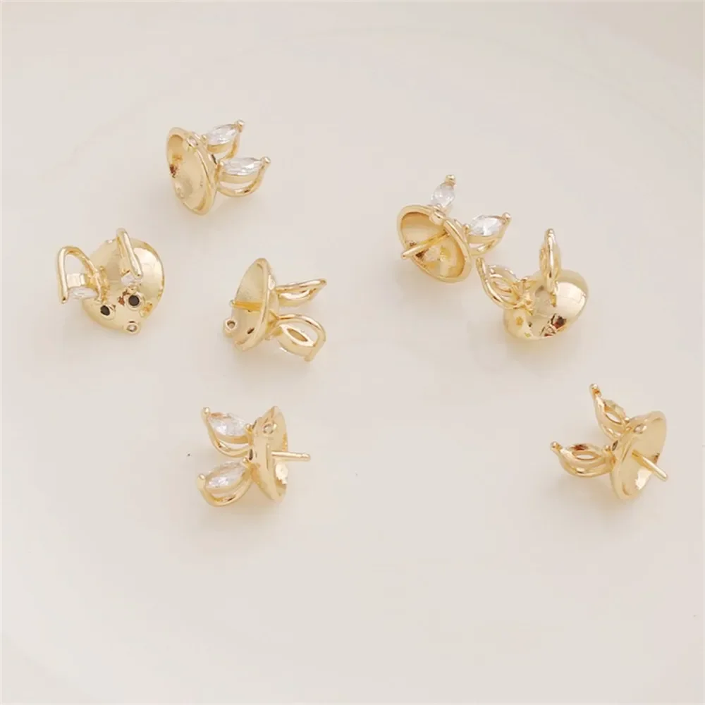 14k Gold-Intarsien Zirkon Kaninchen Ohr Katze Halbloch Klebrige Perle mit Nadelauflage 10mm Perle Anhänger Diy Schmuck Charm Zubehör