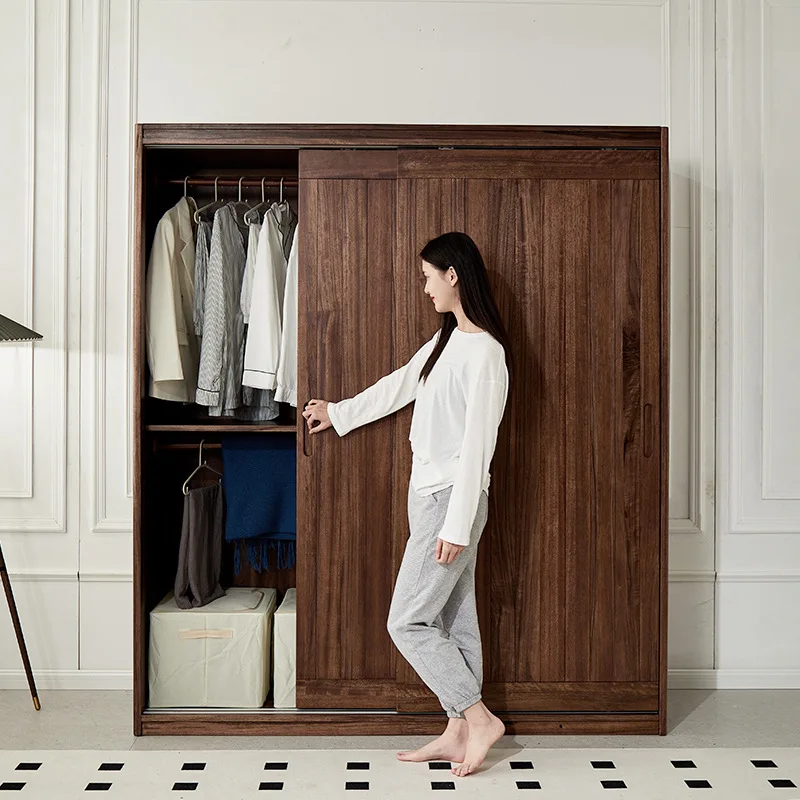 

Customizable Nordic simple solid wood wardrobe black walnut sliding door wardrobe