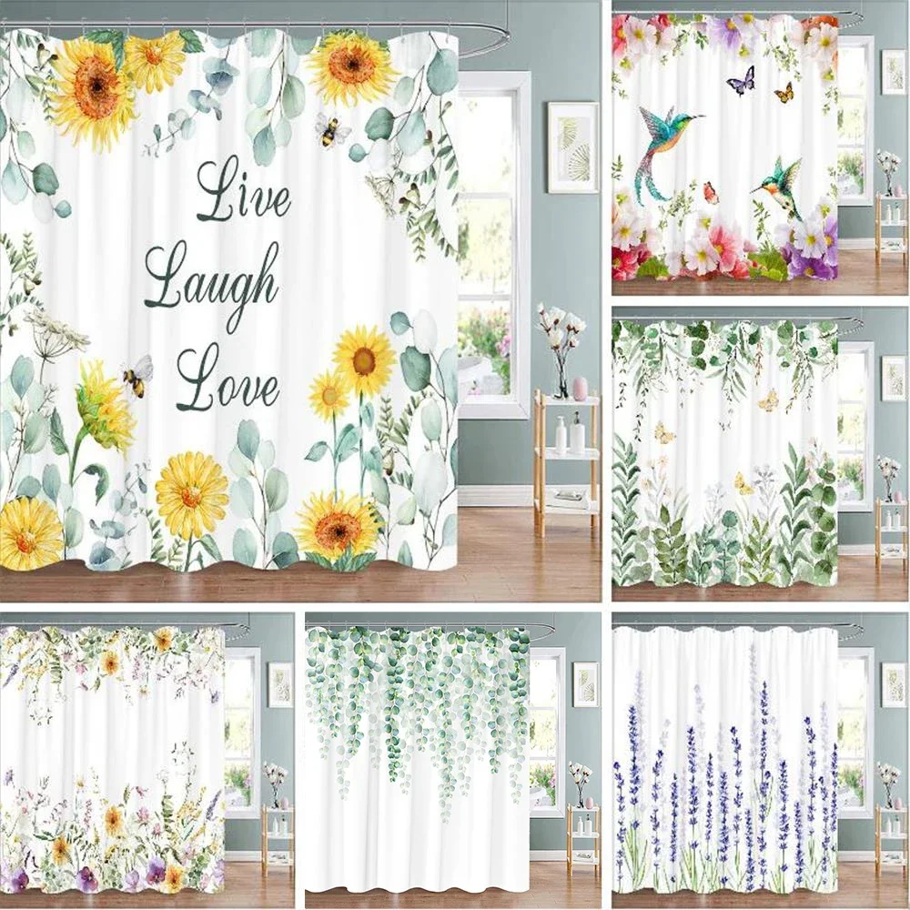 Spring Botanical Floral Shower Curtain Watercolour Style Floral Landscape Washable Fabric Bath Curtain Bathroom Decor With Hooks