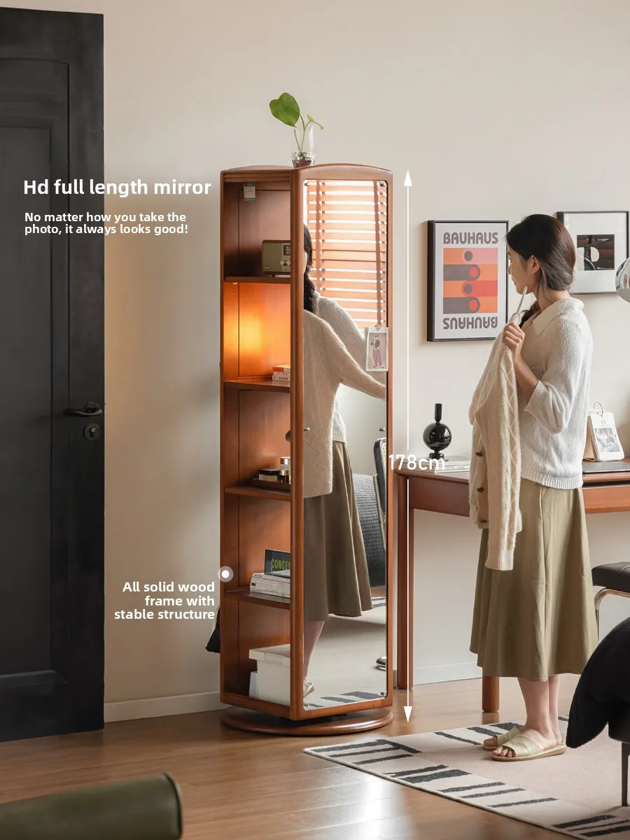 LMM solid wood rotating small apartment medium and ancient style rack household multi-functional retro mirror cabinet