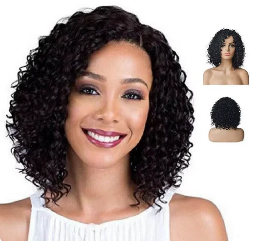 Women Black Wavy Curly Bob Short Hair Wig Synthetic Soft Natural Looking Wigs