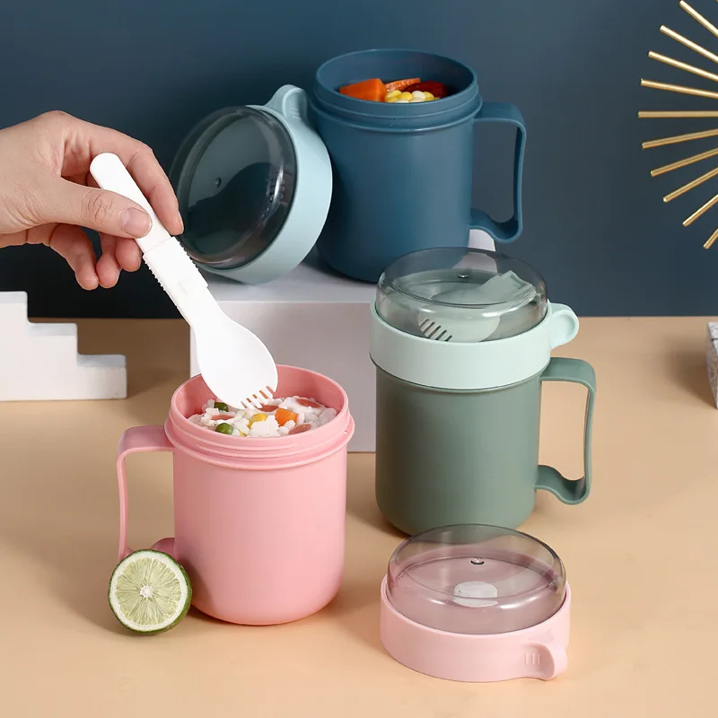 Copo de café da manhã portátil multifuncional copo de aveia cereal porca iogurte caneca lanche micro-ondas com tampa colher lancheira