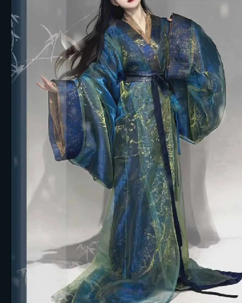 Vestido Hanfu chino tradicional para mujer, traje de Cosplay de guerra, tejido de satén, dorado, deslumbrante, rojo y azul