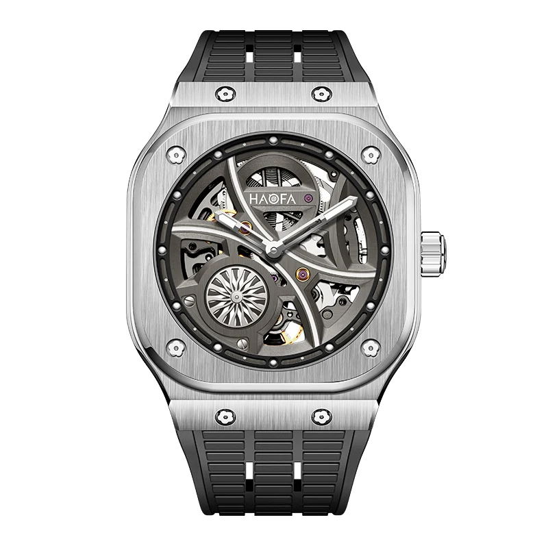 Haofa Automatic Mechanical Watches for Men Skeleton Dial Square Case Luminous Sapphire Mens Wristwatch Stainless Steel 1962
