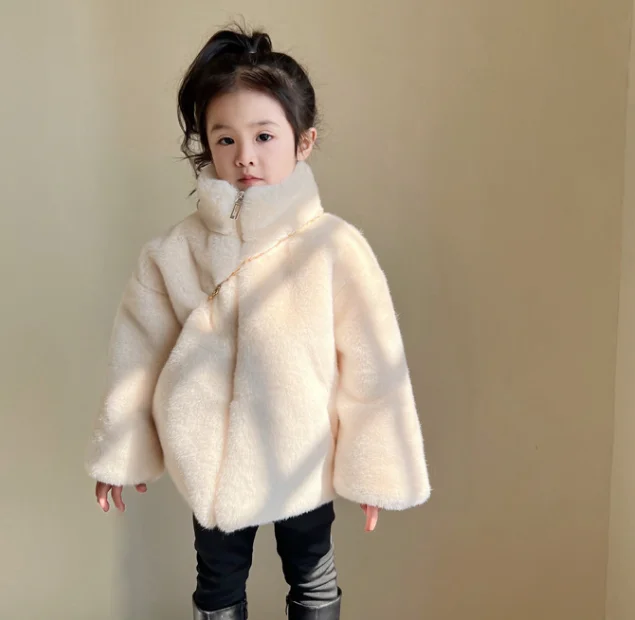 Children's Water Stainless Steel Environmentally Friendly Fur Coat, Girls' Cotton Coats with Velvet and Thickened Plush Coats