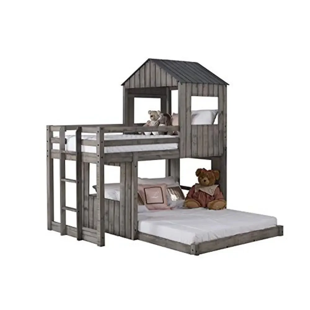 

Campsite Cabin Twin Full Loft Bed Rustic Grey Pine Wood L-Shaped Design ASTM/CPSC Approved Twin/Full 79.5"x79.5"x82.5" 220lbs.