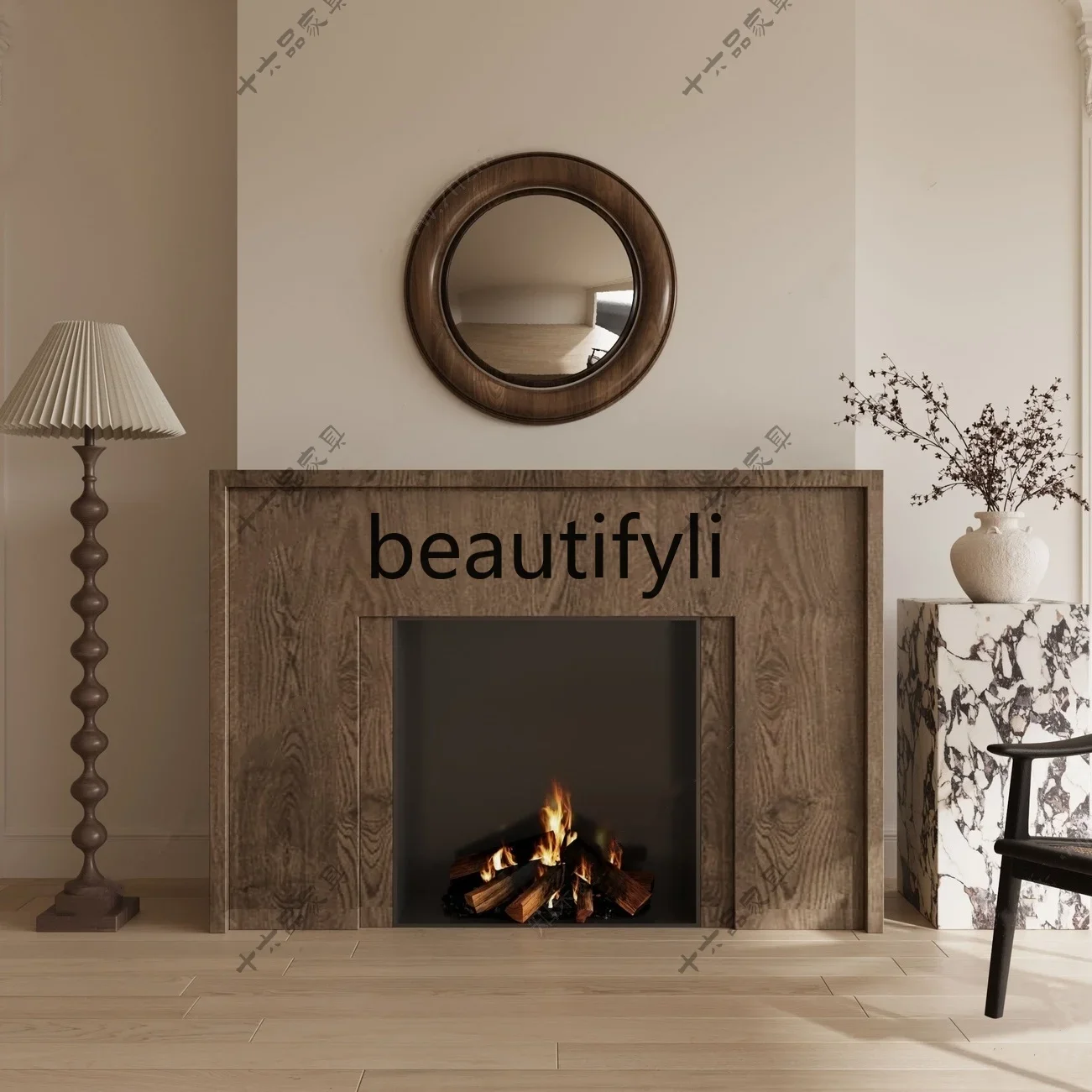 A95 French Vintage Style Solid Wood Fireplace Mantel American Retro Entryway Cabinet Quiet Background Wall Decorative Cabinet