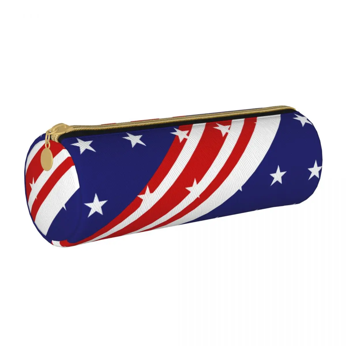 July 4th USA Flag Round Pencil Case Stars N Stripes Print University Teens Leather Pencil Box Retro Zipper Pen Organizer