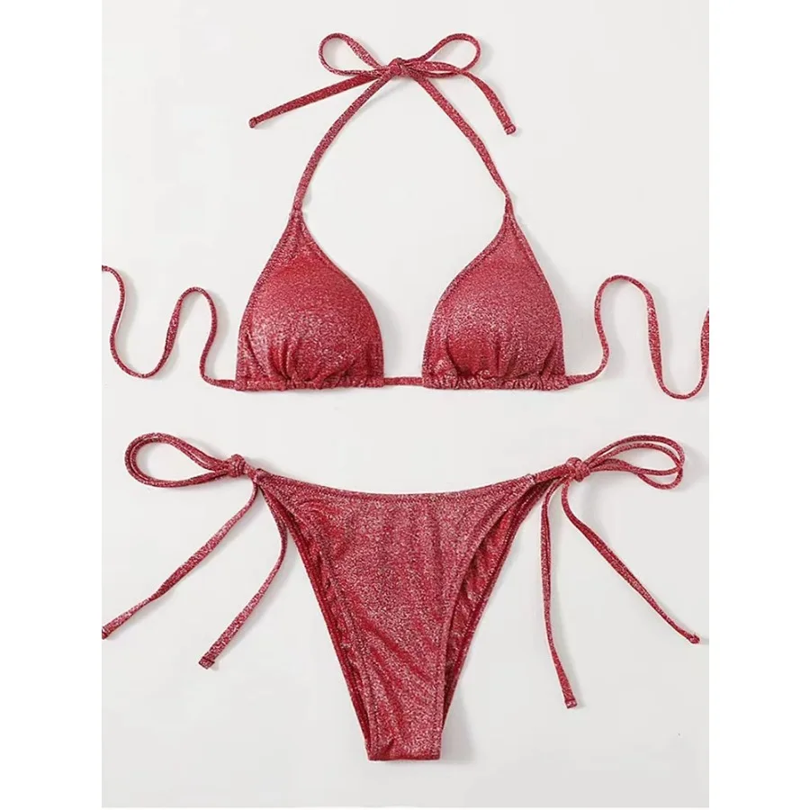 

2025Sexy Bikini Set Shiny Triangle Bikinis Bandage Swimsuit Women Two Piece Swimwear Summer Biquini New Beachwear Push Up Bikini
