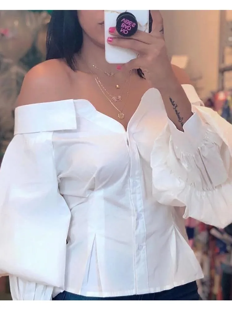 Elegant White Shirts for Women Lantern Sleeve Off Shoulder Top Lady Blosues Long Sleeve Ruched Design Feamel Clothes Spring 2024