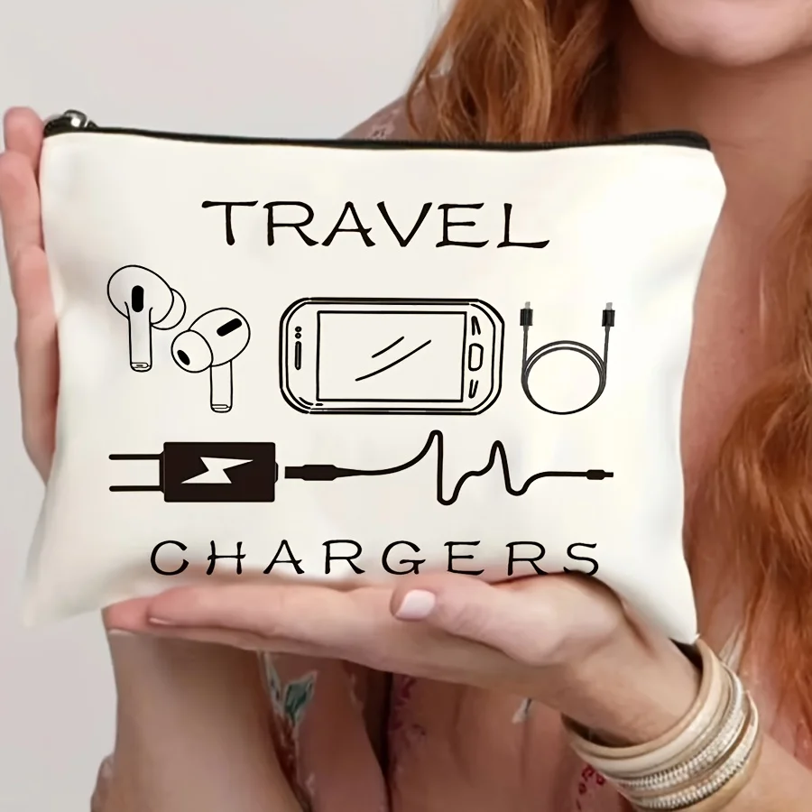 Travel Chargers Organizer Bag with Zipper Closure - Makeup Toiletry Tech Gadgets Case - Compact Foldable Cosmetic Pouch for Wo