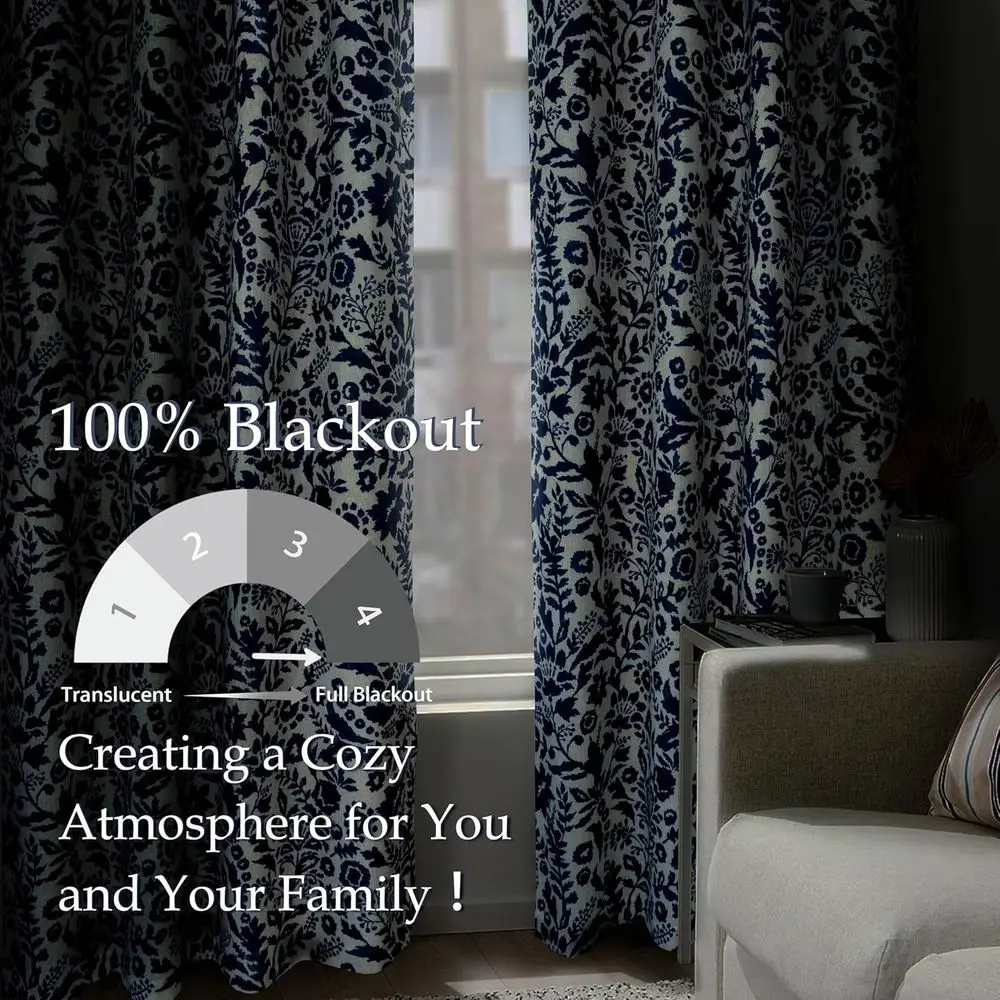 Zasłony termoizolacyjne zaciemniające z lnu w kolorze granatowym, dwuczęściowe, 132x213 cm, z nadrukiem akwarelowym i podszewką.