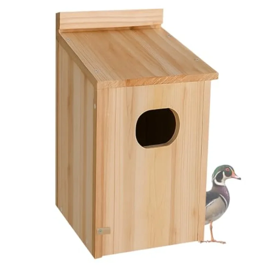 

Outdoor duck nesting box for ponds and wetlands made of wood natural brown color weather-resistant design for wood ducks and ho