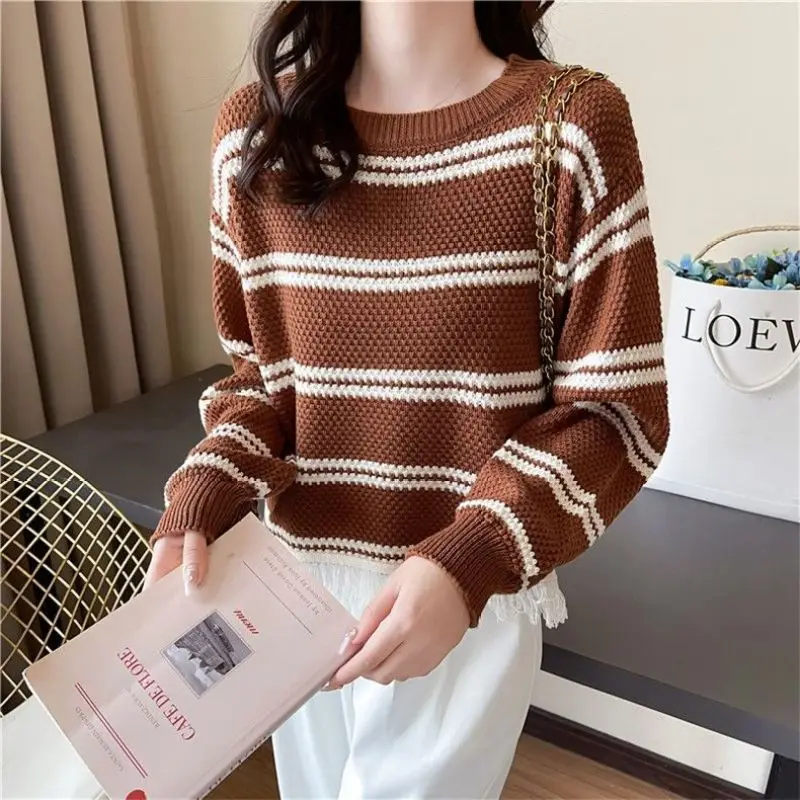 Striped Fringe Short Sweater For Women's Spring Autumn New Loose Fitting Outer Wear Round Neck Long Sleeved Knitted Bottom Top