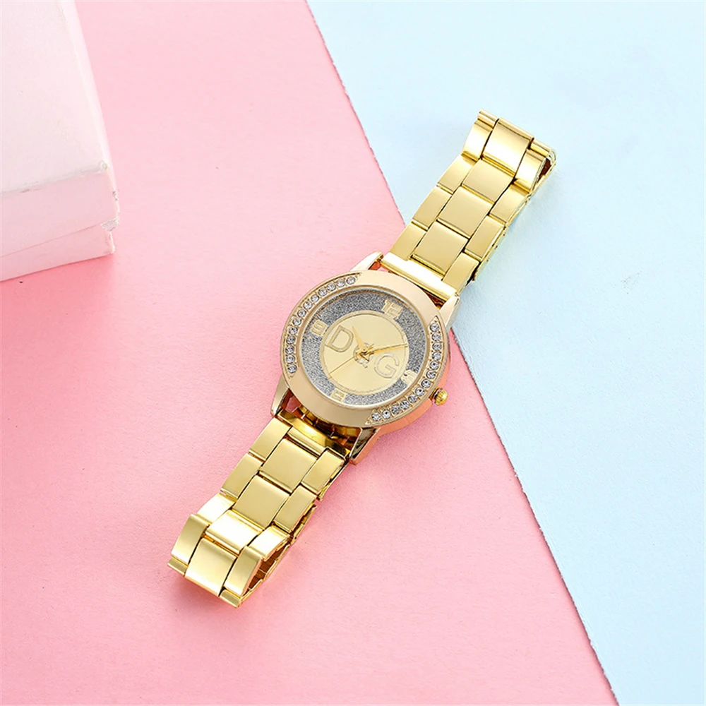 Luksusowy markowy damski zegarek przewiewny Rhinestone stalowo-złoty pasek zegarki damskie zegarki zegarki bezpłatne narzędzie pasek
