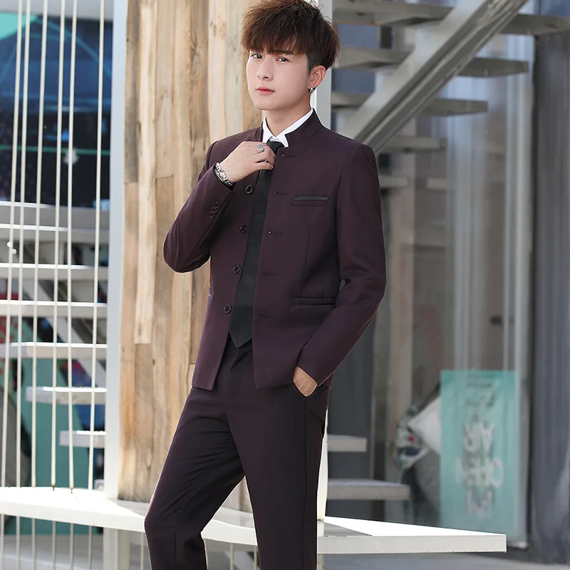 C2066 New Men's Zhongshan Suit Groom Clothing Wedding Dress Korean Style Large Size Suit Trousers Two-piece Set