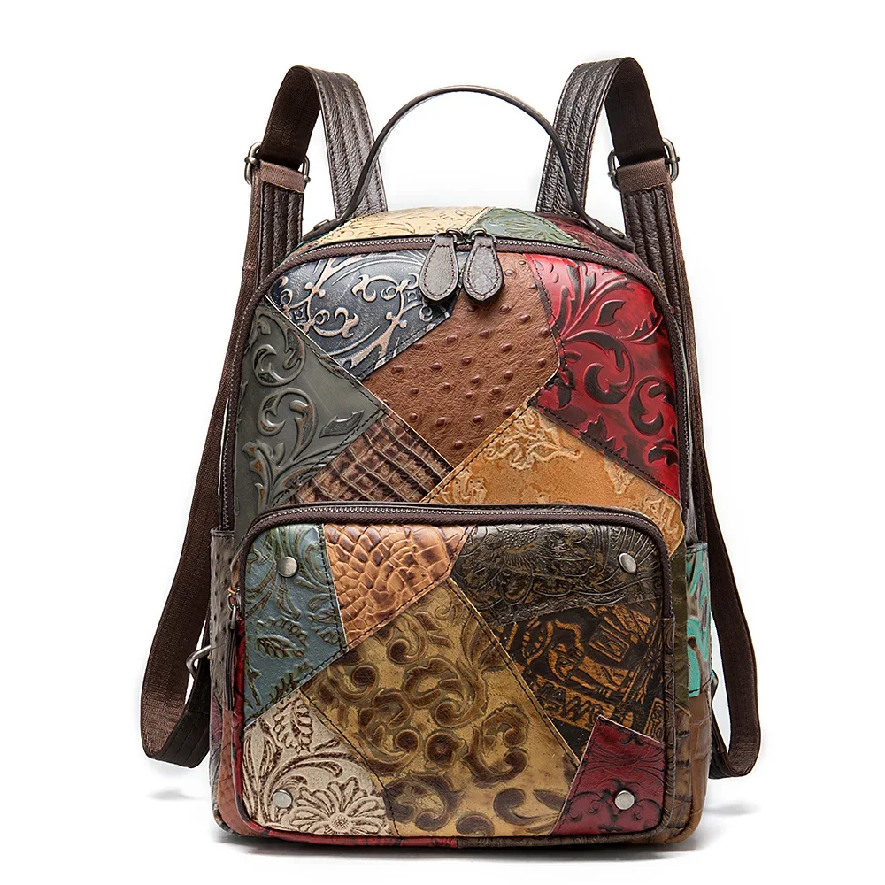 Genuine Leather Women's Embossed Spliced Backpack