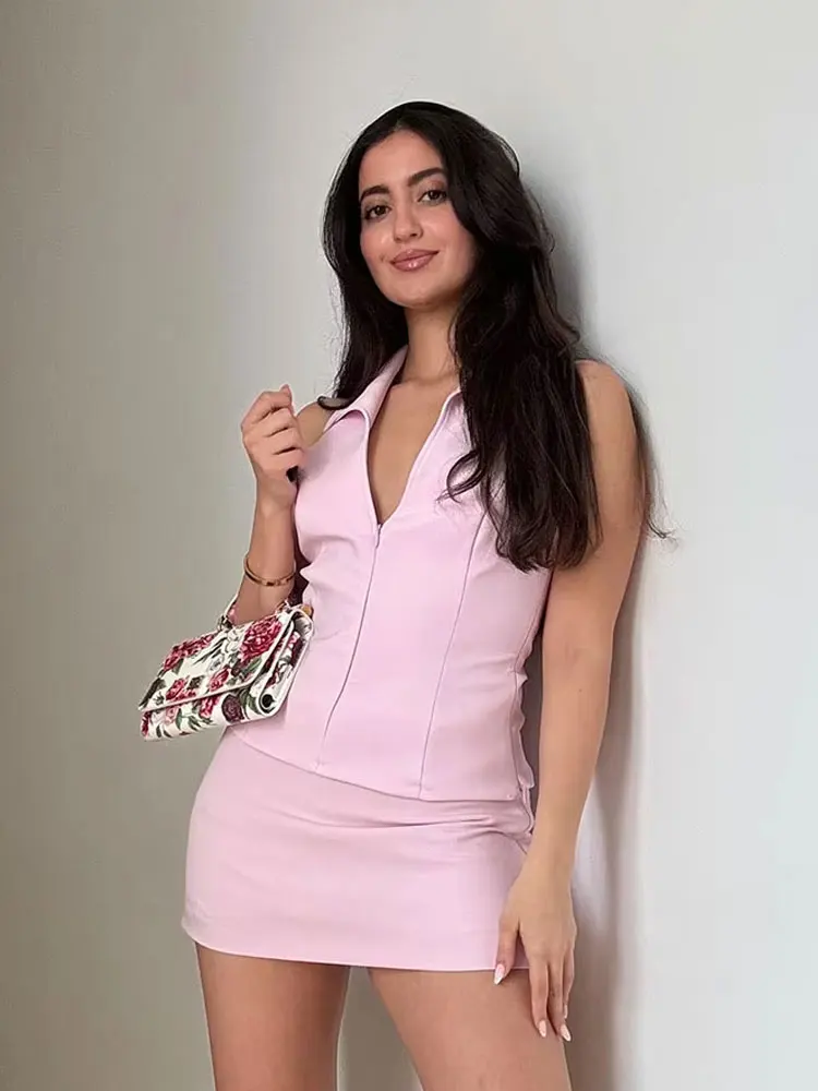 HH Women Summer 2 Piece Set High Waist Back Pocket Mini Skirts Shorts Sexy V-Neck Sleeveless Backless Suspender Zipper Top