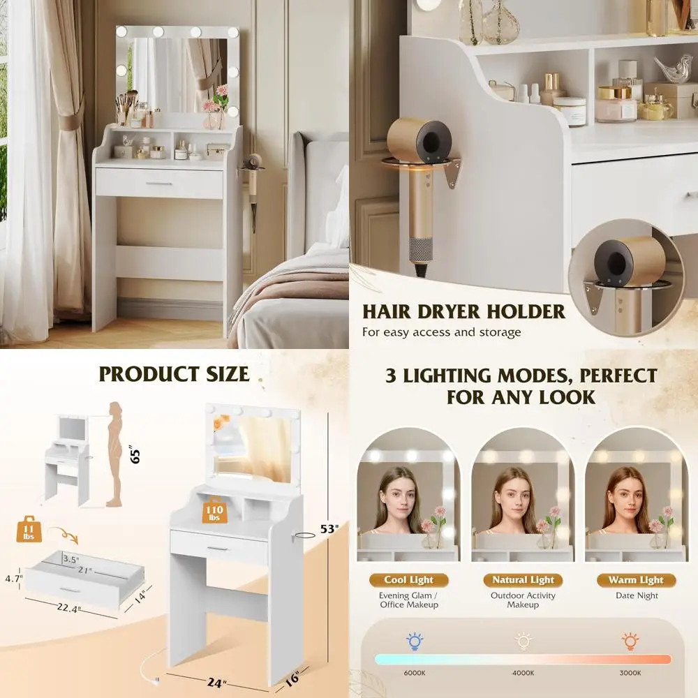 مكتب مكياج مع مرآة و3 أوضاع إضاءة، طاولة تخزين 23.8 مع أرفف لغرفة النوم