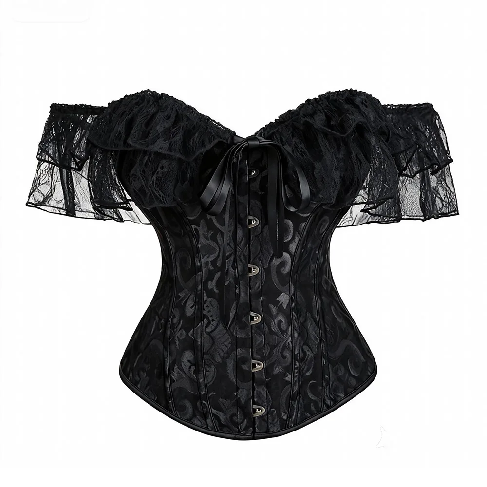 Florale Spitzenärmel Gothic Schwarze Korsetts Top Vintage Kleidung Viktorianische Damen Lingerie Heißer Overbust Bustier Top Sexy Corsetto Donna