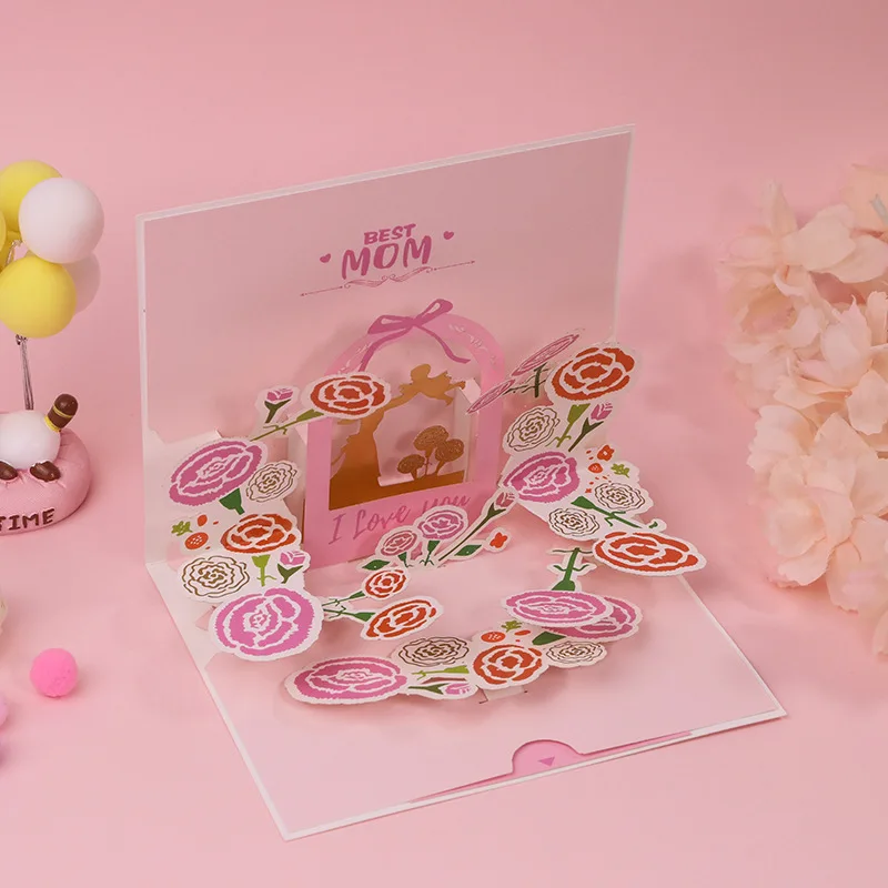 

Pink Carnation Mother's Day 3D Greeting Card Golden Mother's Love Handmade Thanksgiving Message Card to Mother's Blessing