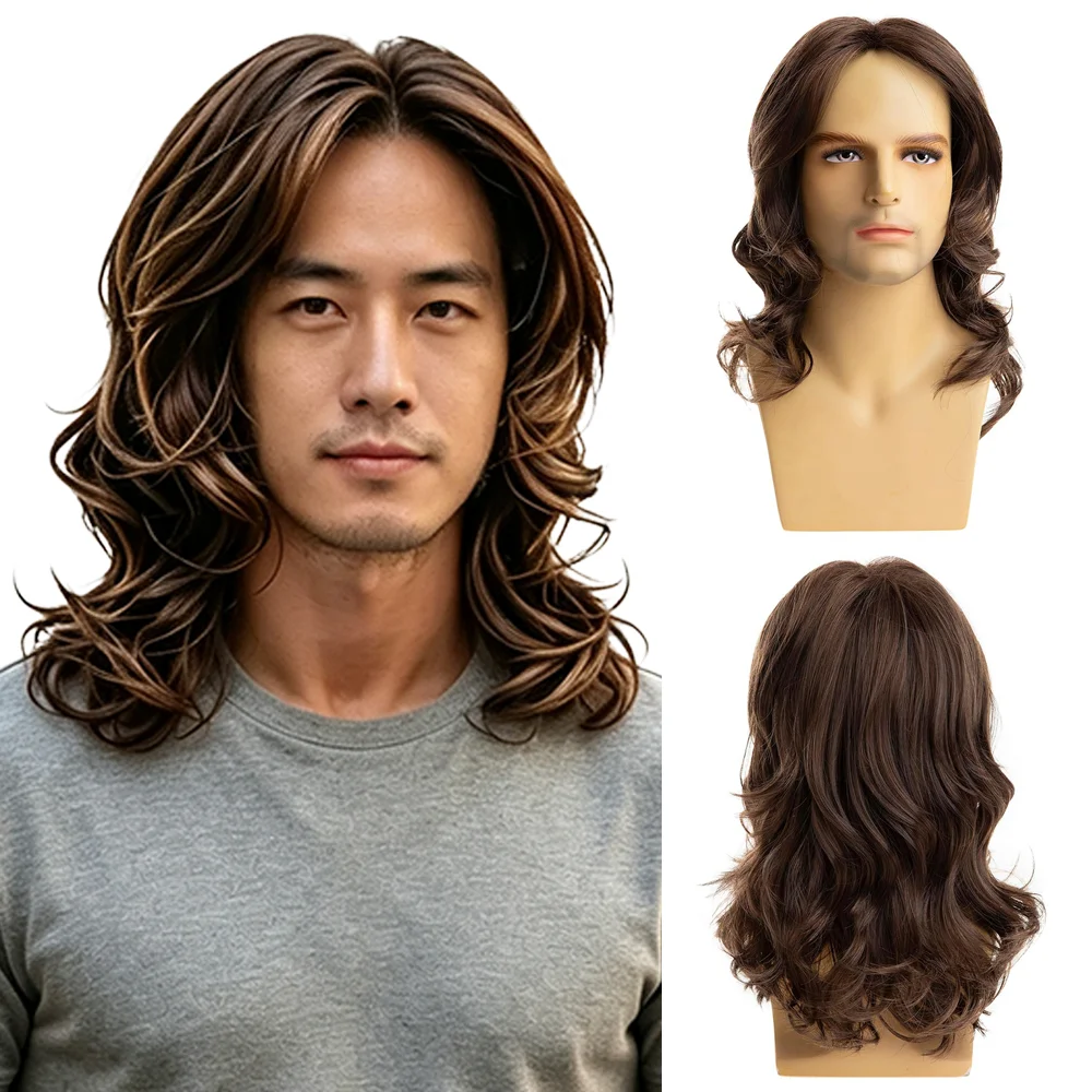 Natural Looking Mens Brown Wig Medium Length Curly Wavy Synthetic Wig Realistic Soft Hair For Men Daily Cosplay Halloween Party