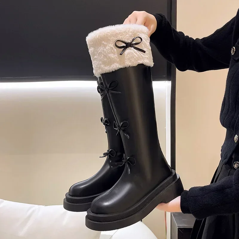 Leather velvet Knee High Boots For Women Winter Fashion bow Platform Knight Boots Woman Fashion Cross-Tied Botas Mujer 2024