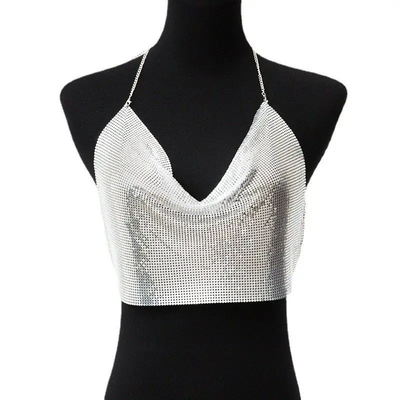 Damen Metall Pailletten Crop Top Sexy Par Outfit Club Musik Festival Neuankömmling ort Länge Innenbekleidung Lederstoff