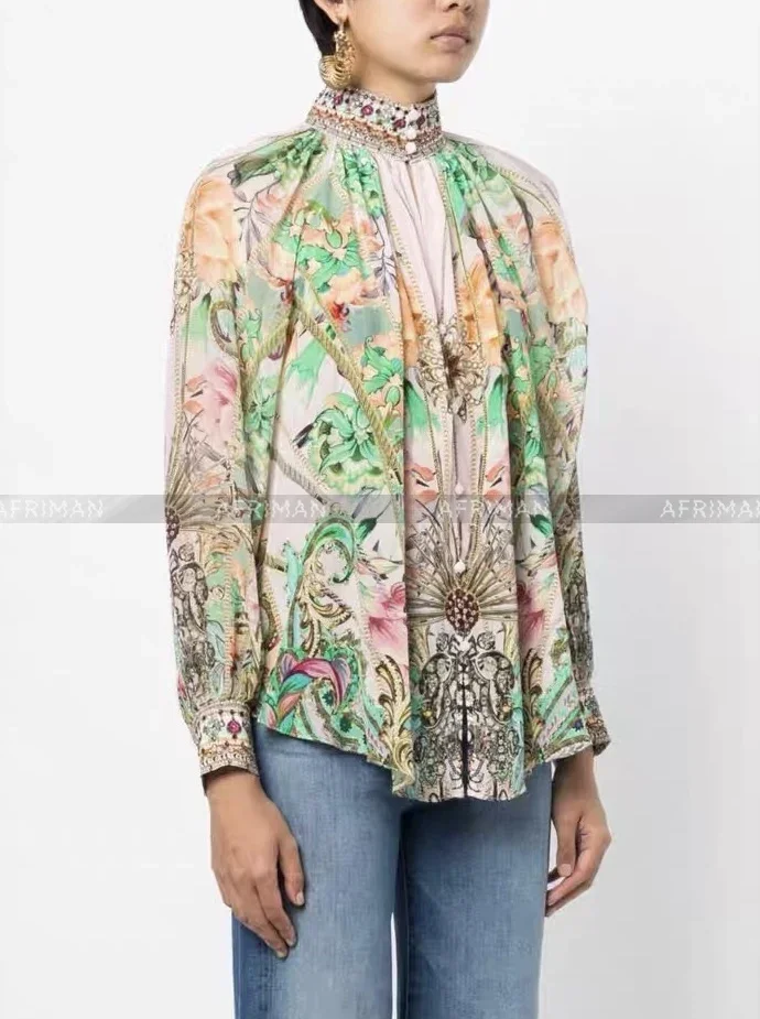 Women New Stand Collar Crystal Beaded Green Flower Print 100% Silk Shirt Top