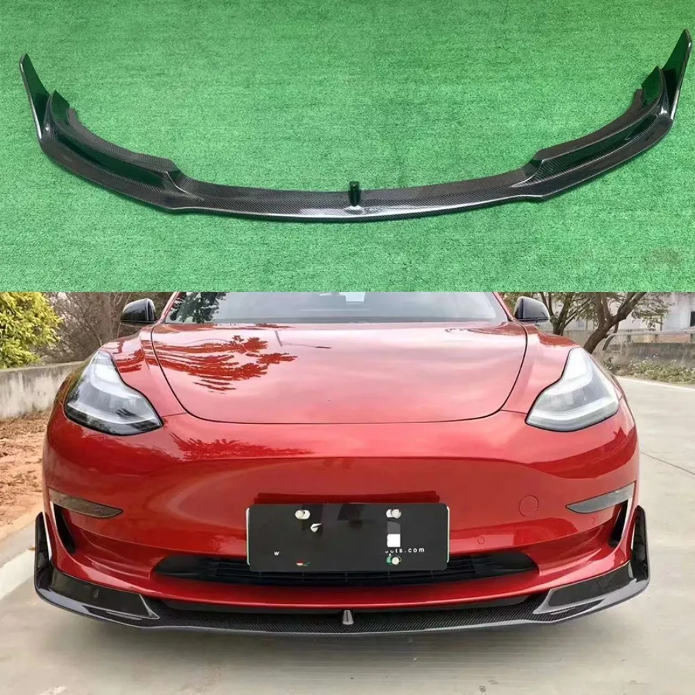 

For Tesla Model 3 2017+ V Style Carbon Fiber Car Front Bumper Diverter Spoiler Diffuser Front Lip Chin L Style Upgraded Body Kit