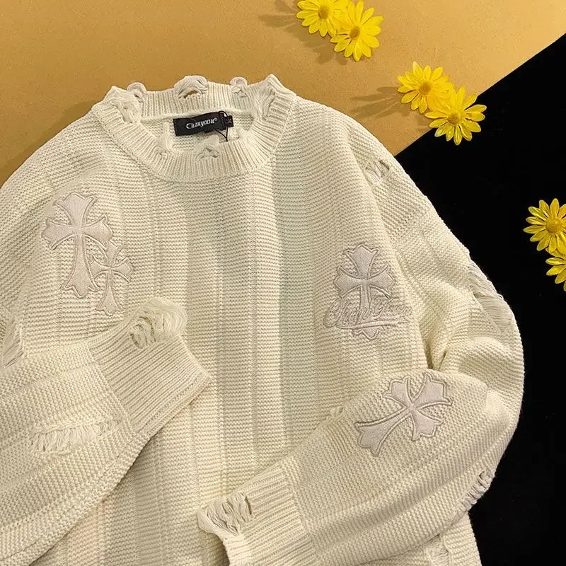 Jersey de punto de cruz Retro americano para pareja, jersey de flores, estilo suelto con agujeros, Y2K, moda de invierno, nuevo estilo