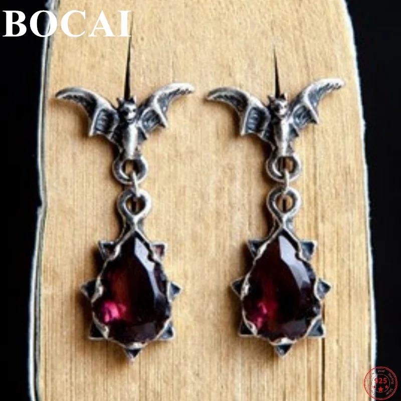 

BOCAI S925 Sterling Silver Earrings Bat Crystal Fashion Personality Punk Trend Thai Silver Ear-drop 2022 New Popular Jewelry