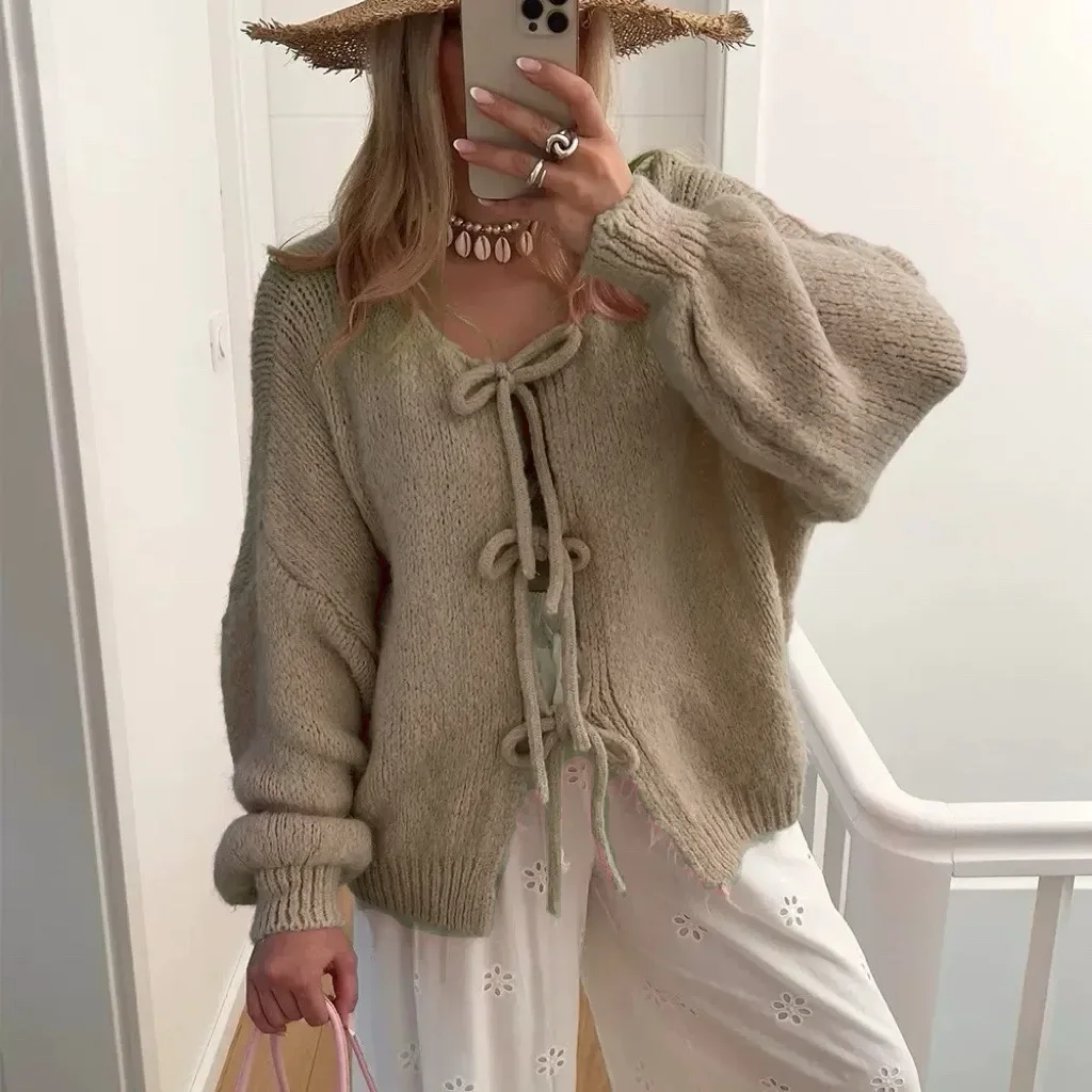 

2025 Women Solid Round Neck Lace Up Sweaters Cardigan Lady Autumn Winter Splice Knit Straight Jumpers Casual Long Sleeve Office