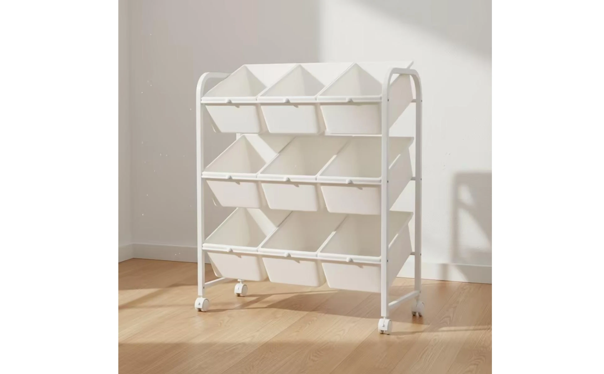 Toy Storage Rack with Bins 3-Tier Rolling Toy Organizer Kids Storage Shelf with Bins Mobile Furniture Wheeled for Parents