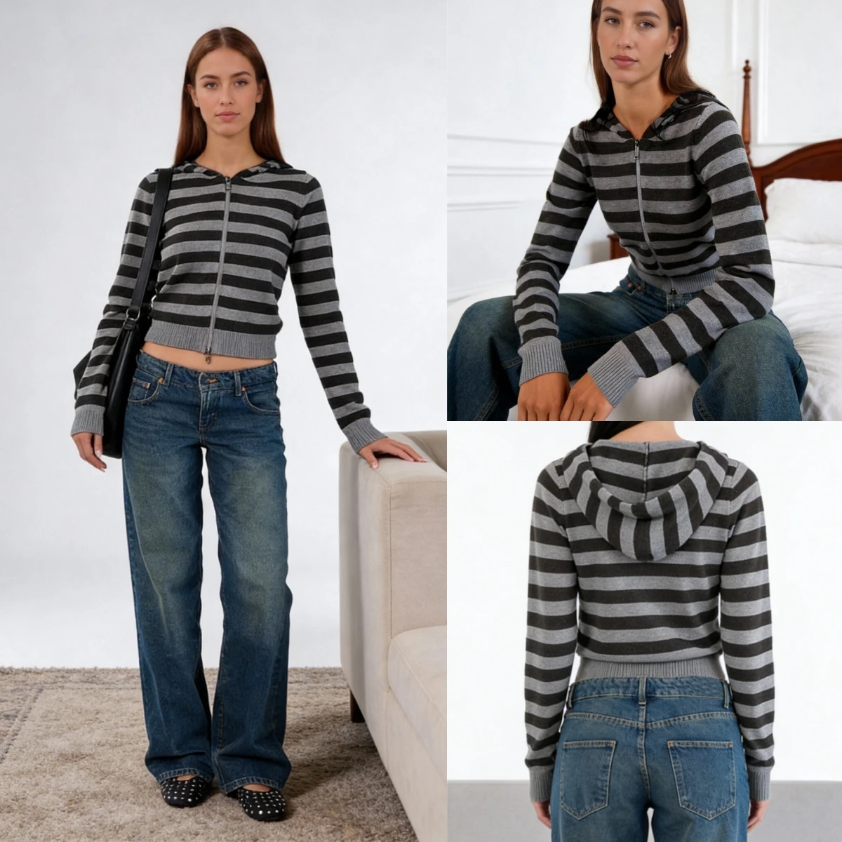 

Women Full Zip Up Hoodie Sweatshirt Striped Long Sleeve Zipper Crop Shirt Color Contrast Y2k Hooded Cardigan Jacket