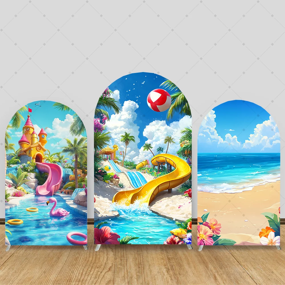 

Summer Hawaii Arched Backdrop Cover Playground Luau Party Tropical Flower Beach Sea Flamingo Baby Birthday Photo Background