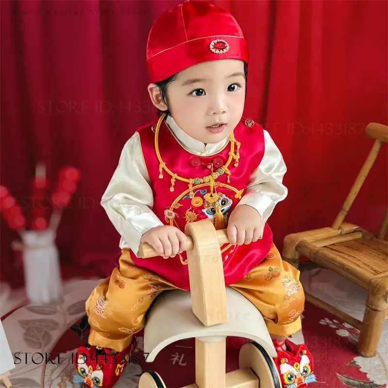 Kids Traditional Chinese Tang Suit Set Exquisite Brocade Embroidery 1St Birthday Zhuazhou Costume Infant Photography Outfit