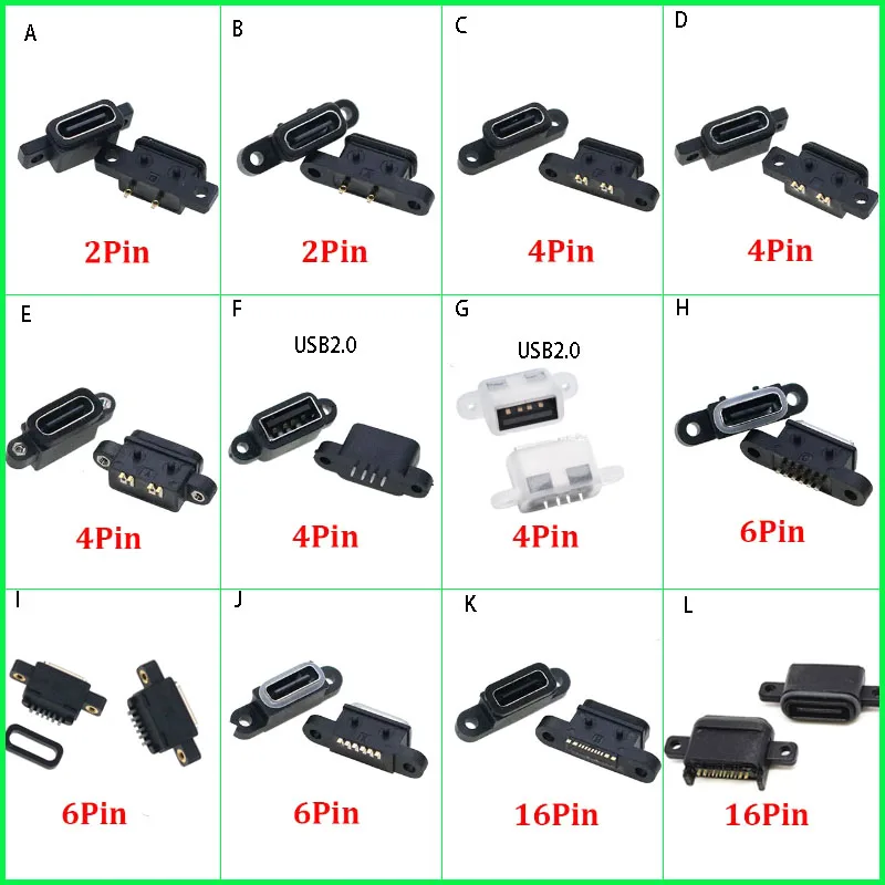 1PC Micro USB 2.0 3.1 TypeC 2 4 6 14 16pWaterproof Female Vertical USB Female Socke SMT+DIPt Plug Connector 2 Ear through-hole