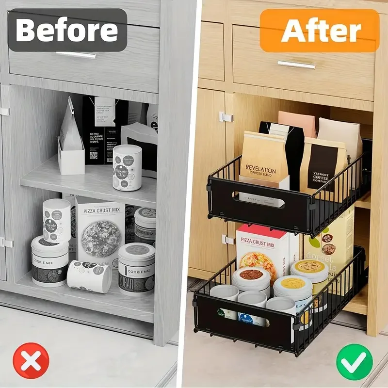 2PCS Kitchen Storage Rack with Slide Rails Pull-out Type Storage Basket Drawer Storage Rack Spice Box Bathroom Kitchen Organize