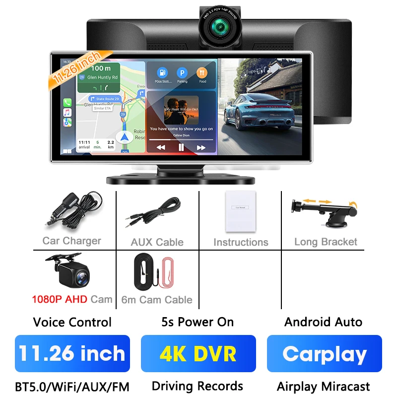 11.26 inch Car DVR 4K Camera Dash Cam Wireless Carplay & Android