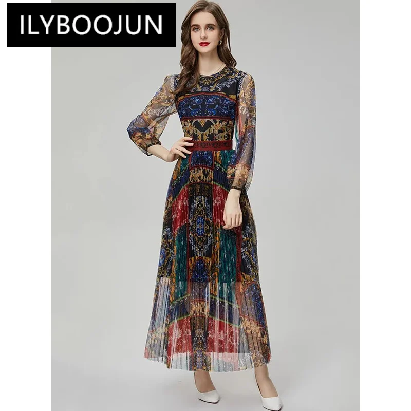 

ILYBOOJUN Fashion Runway Vintage Pattern Printed Dress Women O Neck Long Sleeve High Waist Spliced Pleated Slim Long Dress