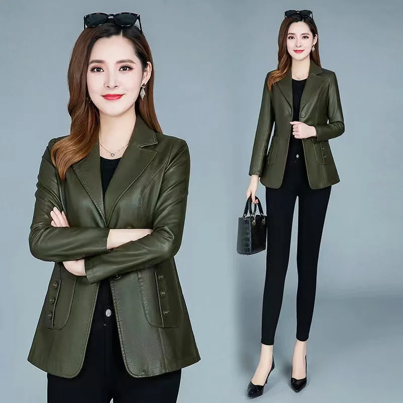 Women Leather Jacket Casual Lady Leather Blazers Coat New Female 6XL Green Leather Clothing Outerwear Autumn Female Soft Jacket