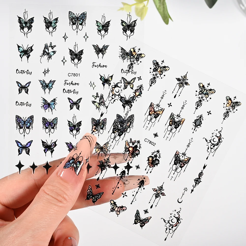 4 Sheet Laser White Black Butterfly 3D Nails Sticker Hollow Butterfly Pattern Adhesive Slider Y2K-Style Art Decals DIY Manicure*