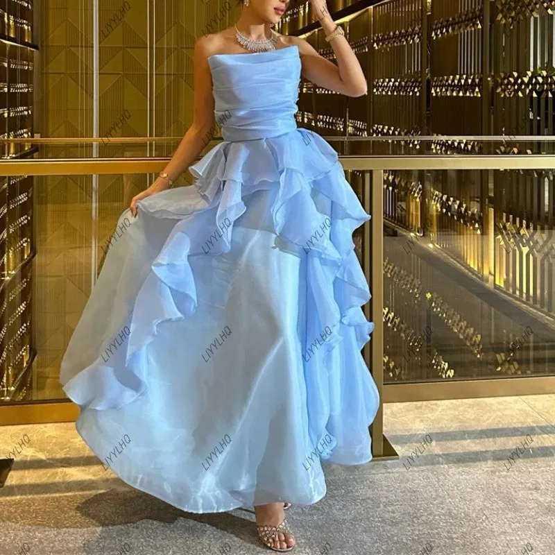 Light Blue Sweet Fairy Strapless Evening Party Gowns Soft Puffy Mesh Ball Gown Women High End Tiered Wave Edge Prom Dresses