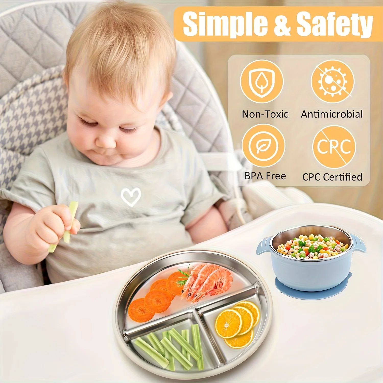 

1 set of children's stainless steel tableware set, plate + bowl, high temperature resistance, easy to clean, holiday gift