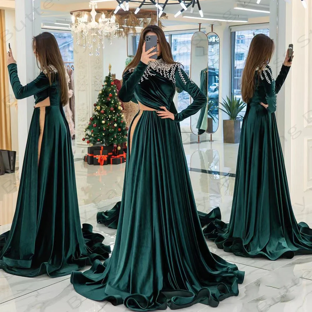 

Exquisite Luxurious High Neck Long Sleeves Side Slit Dresses For Women Beautiful Fashion Elegant Fluffy Mopping Evening Dresses