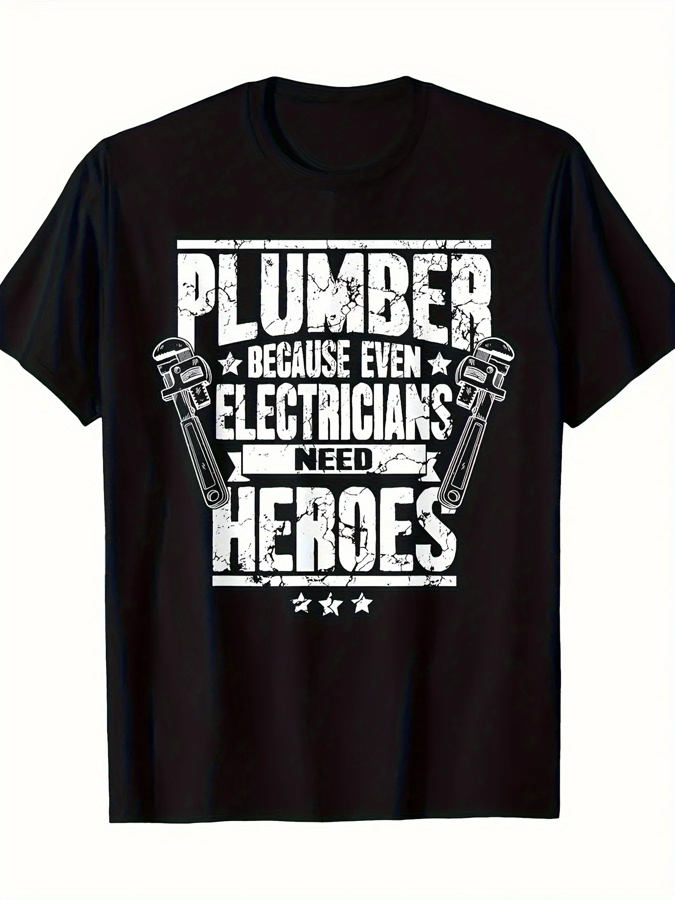 

Humorous Plumber & Electrician Hero T-shirt, short sleeve, black round neck, with tool graphics, men's all-weather casual wear